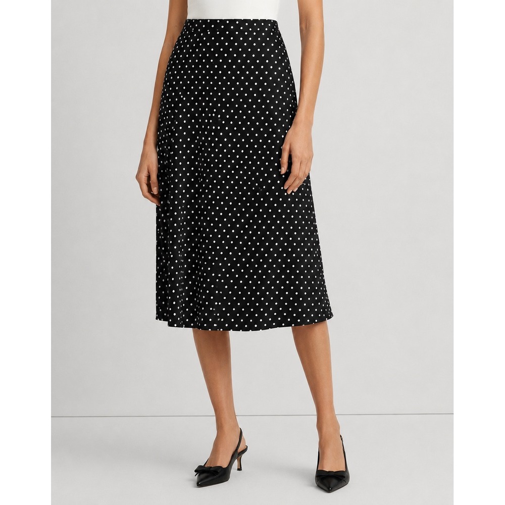 Lauren Ralph Lauren Women's 6 Black White Polka-Dot Satin Charmeuse Midi Skirt